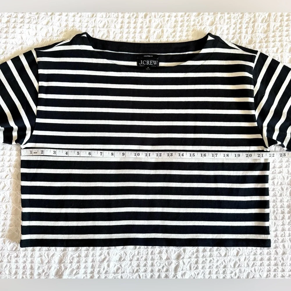 J.Crew Mariner Cotton Boatneck Tee Black White Stripe Cropped Women's M NWOT